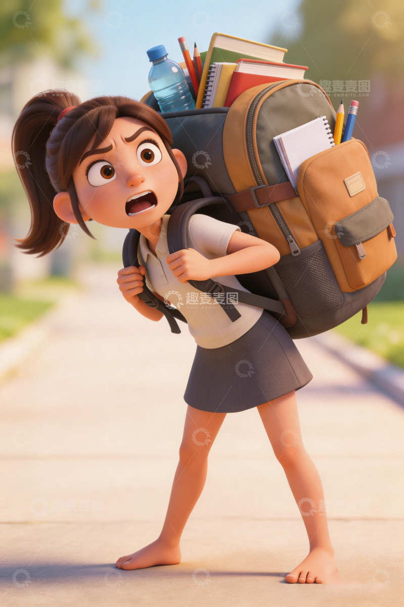 高清大图下载【趣麦麦图】卡通女孩背包过重表情夸张