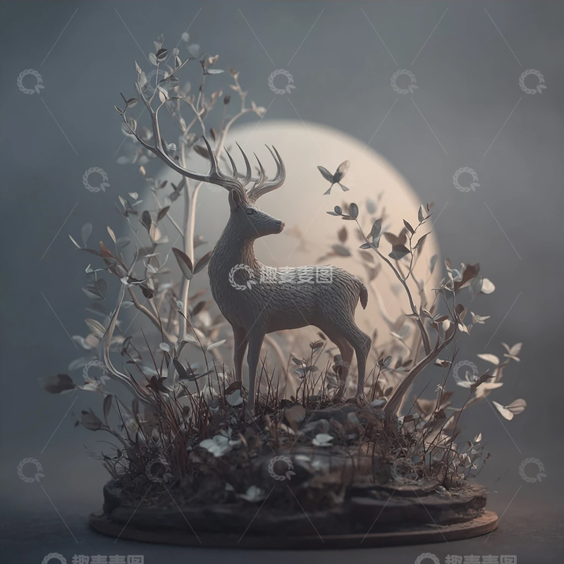 高清大图下载【趣麦麦图】月光下的奇幻鹿影