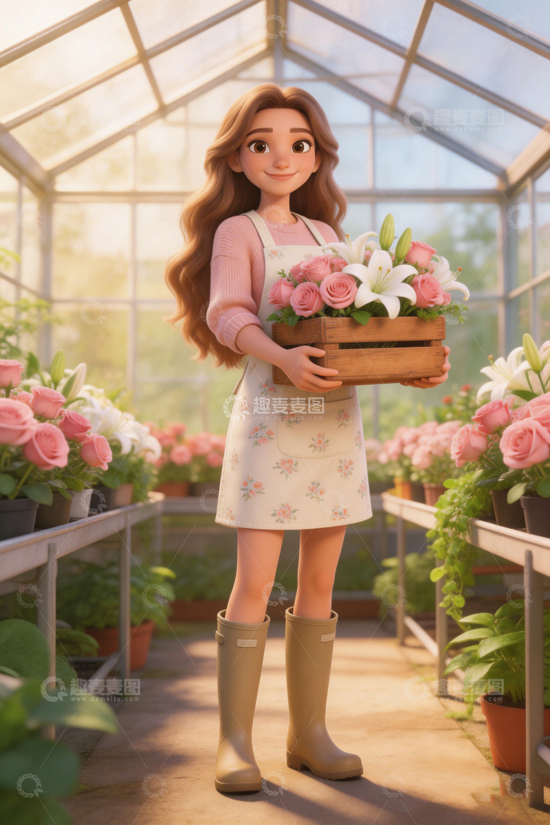 高清大图下载【趣麦麦图】温室花艺少女插画