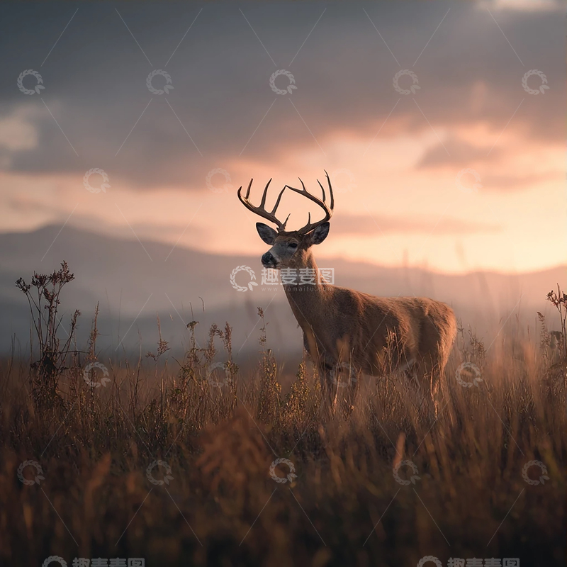 高清大图下载【趣麦麦图】夕阳下孤独的鹿影浮世绘