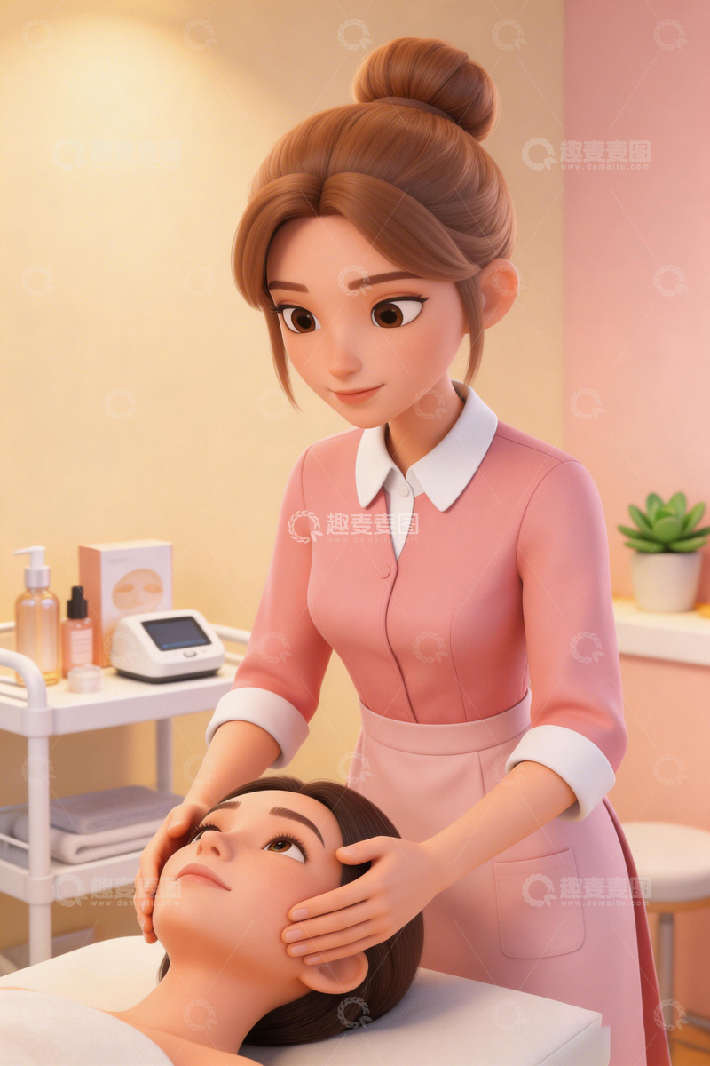 高清大图下载【趣麦麦图】美容师为顾客按摩插画