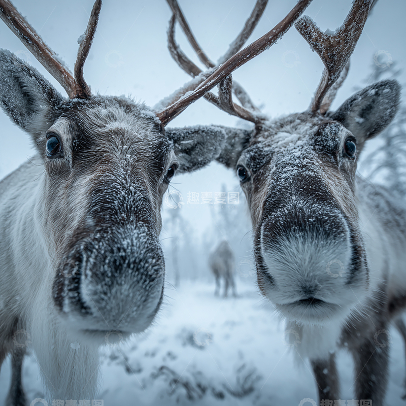 高清大图下载【趣麦麦图】雪中北极光下的驯鹿奇遇