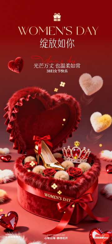 妇女节红色心形礼盒海报