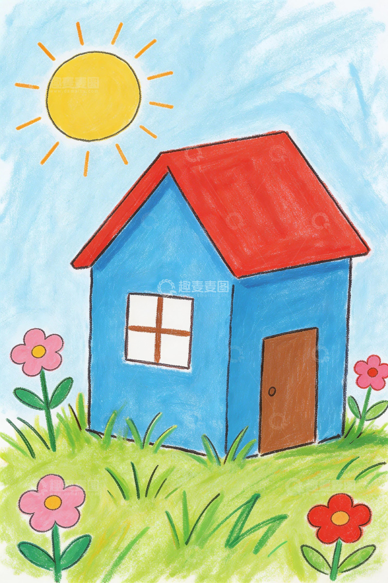 高清大图下载【趣麦麦图】儿童画风格小屋阳光草地