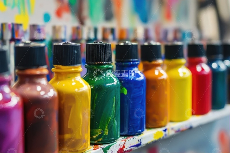 高清大图下载【趣麦麦图】一排五颜六色的颜料罐