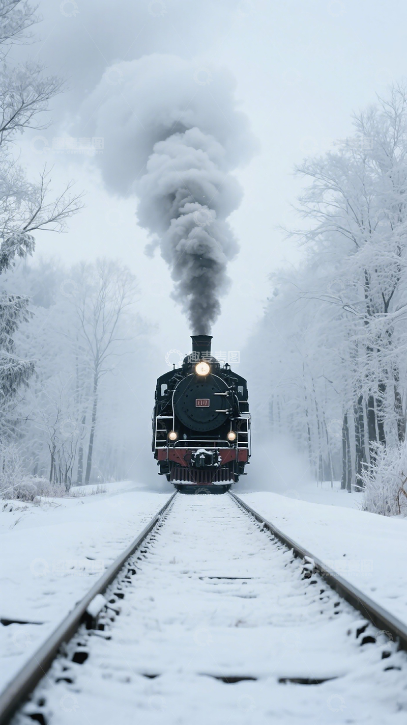 高清大图下载【趣麦麦图】蒸汽火车冬日雪景