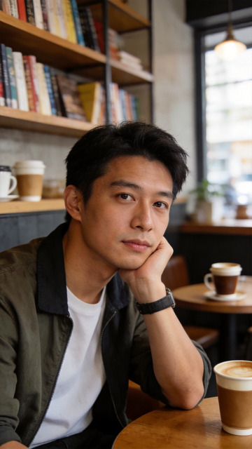 咖啡馆沉思亚洲男性肖像