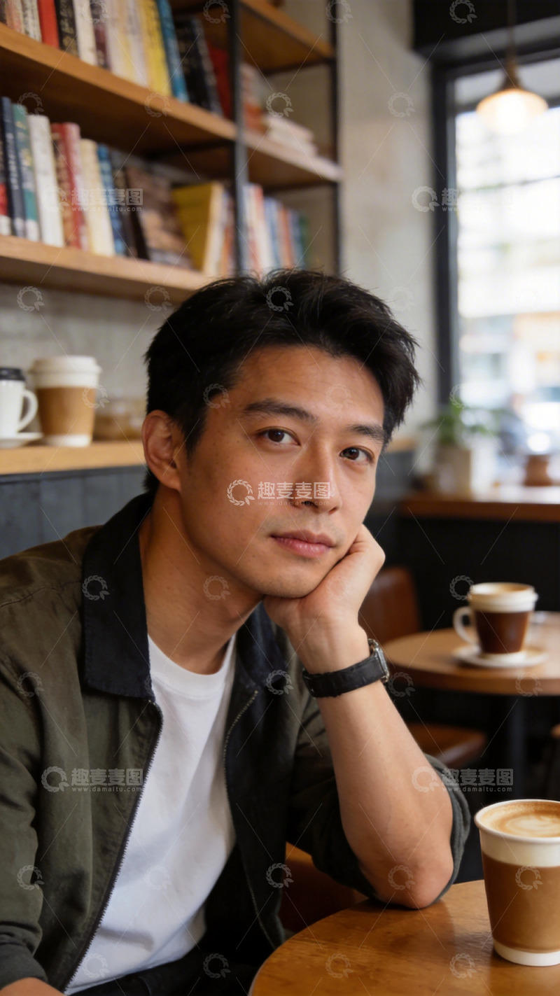 高清大图下载【趣麦麦图】咖啡馆沉思亚洲男性肖像