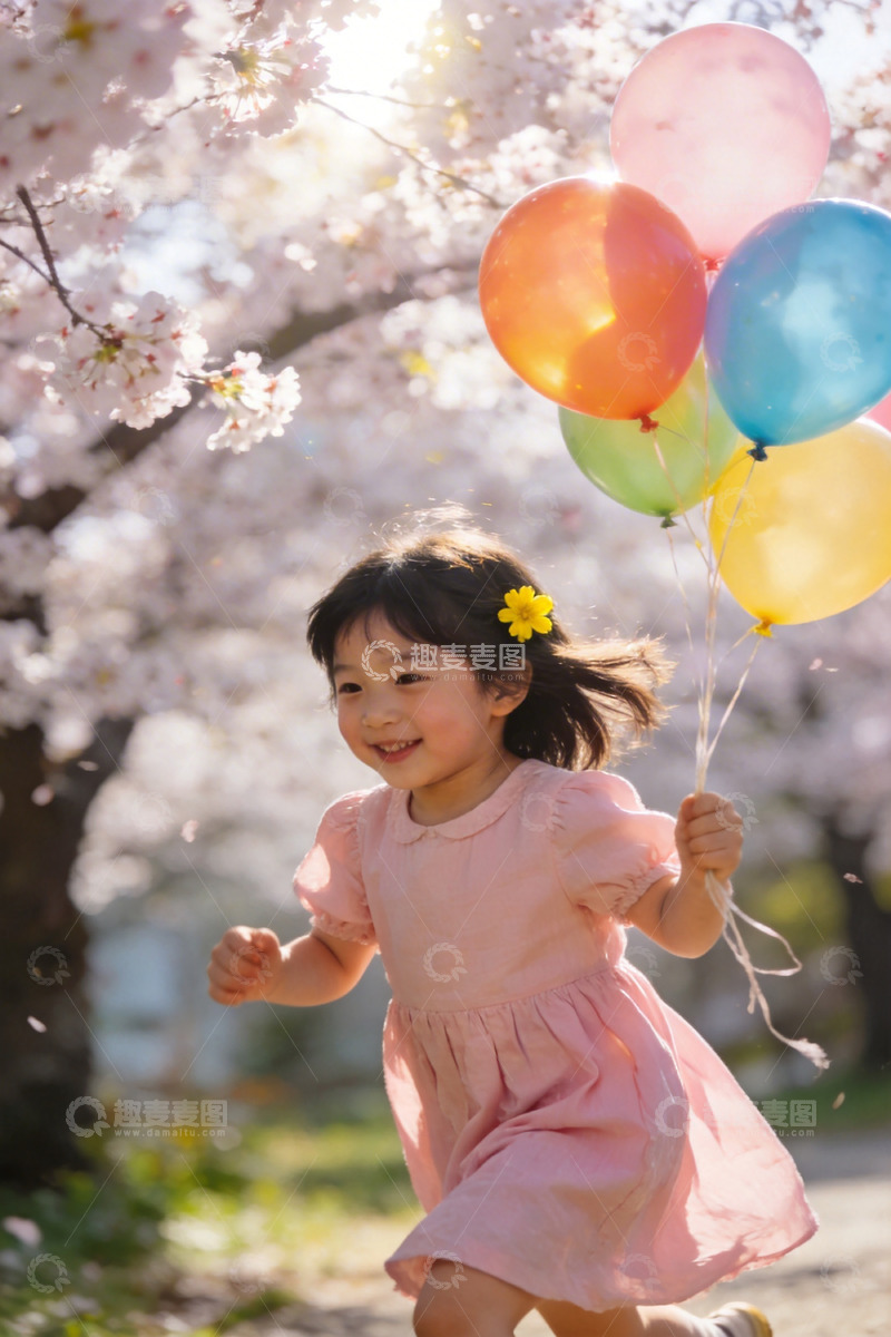 高清大图下载【趣麦麦图】春日樱花小女孩气球奔跑
