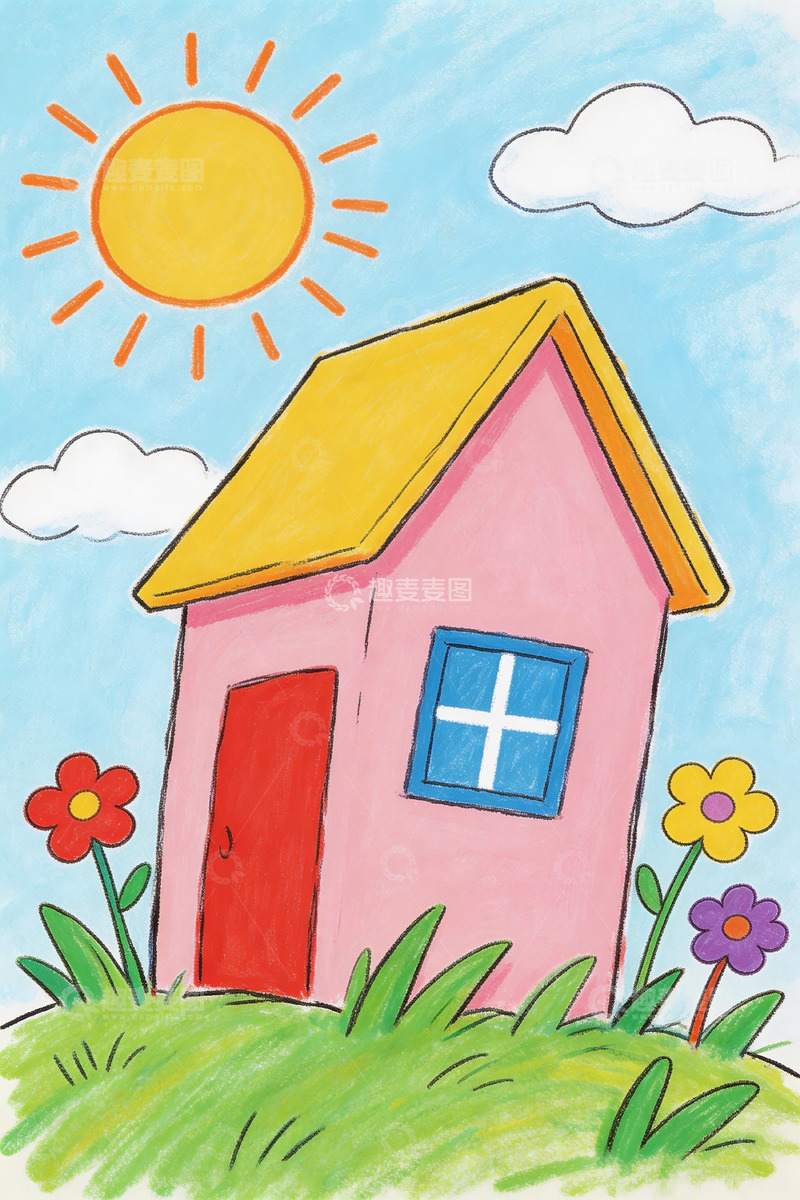 高清大图下载【趣麦麦图】卡通风小屋阳光花草插画