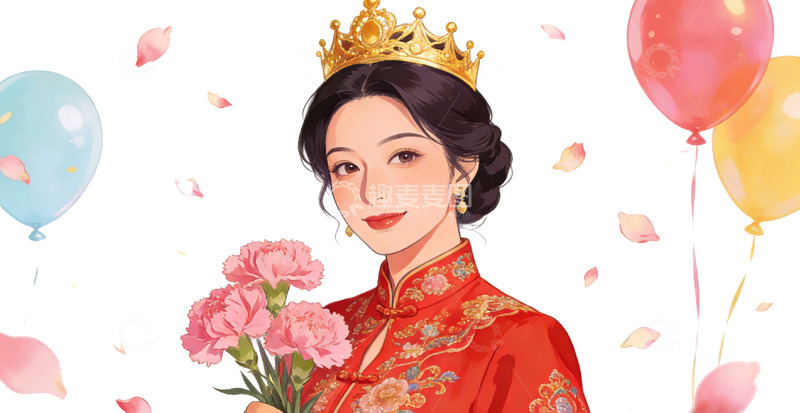 高清大图下载【趣麦麦图】三八妇女节华丽古风新娘插画设计素材
