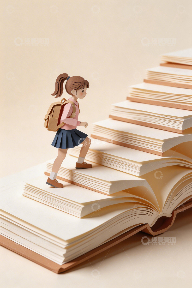 高清大图下载【趣麦麦图】卡通女孩书本阶梯创意插画