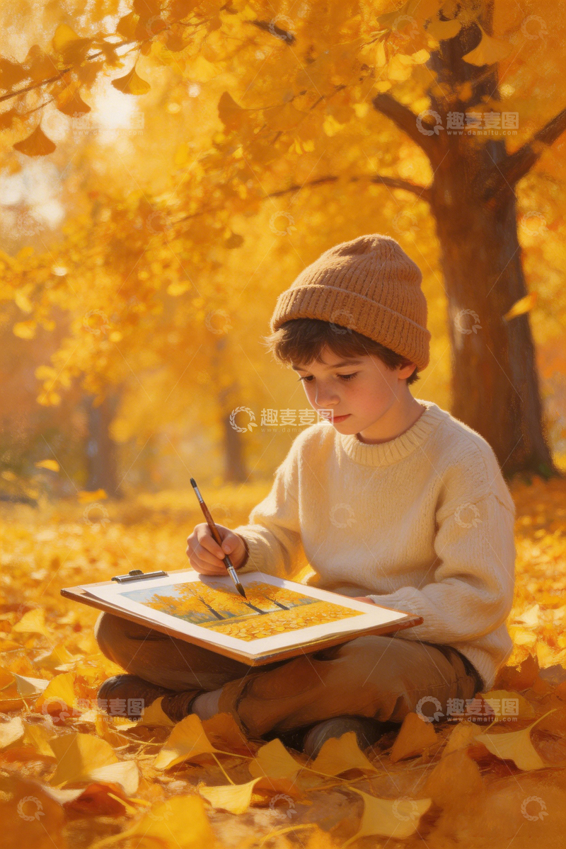 高清大图下载【趣麦麦图】秋意盎然孩童绘画美景