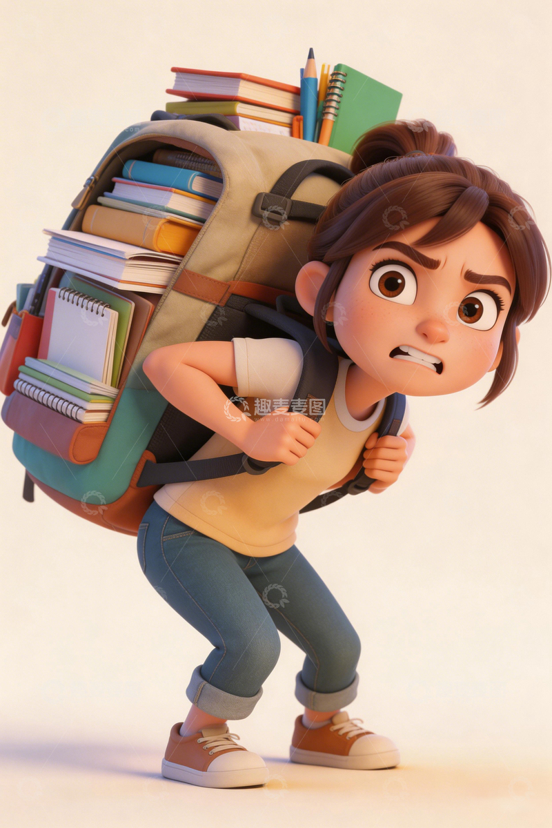 高清大图下载【趣麦麦图】卡通学生书包重负插画