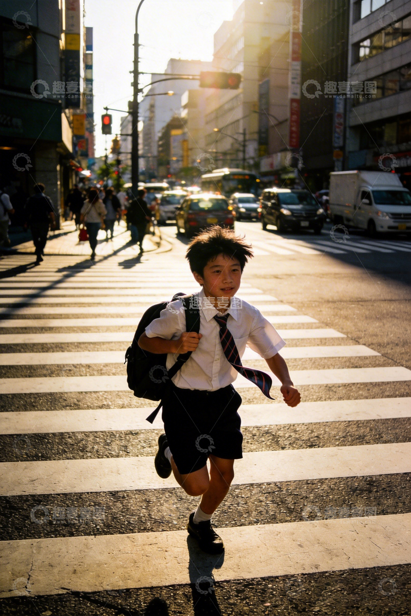 高清大图下载【趣麦麦图】城市街道学生奔跑生活场景