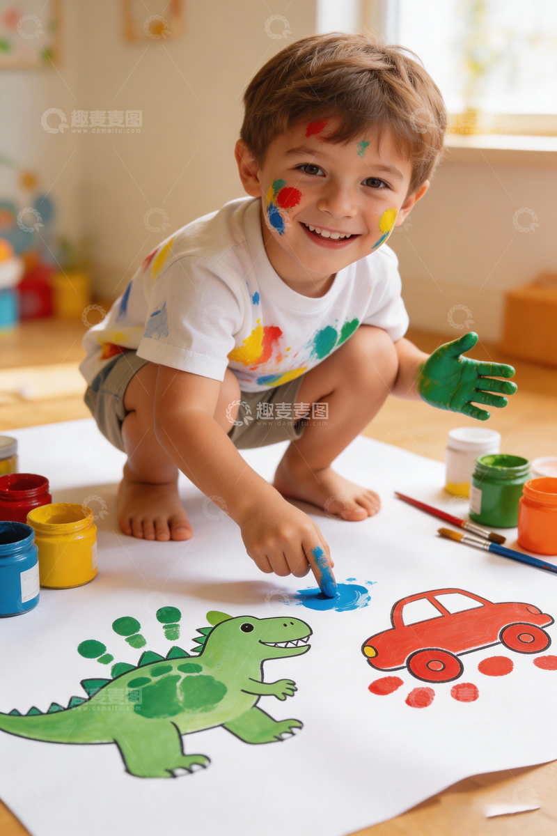 高清大图下载【趣麦麦图】儿童画创意欢乐手绘恐龙汽车画纸