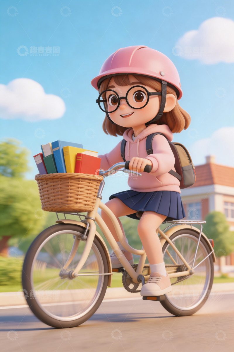 高清大图下载【趣麦麦图】卡通女孩骑车上学图