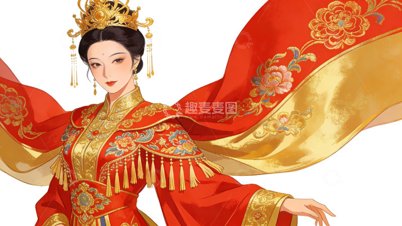 高清大图下载【趣麦麦图】华丽古风新娘插画素材