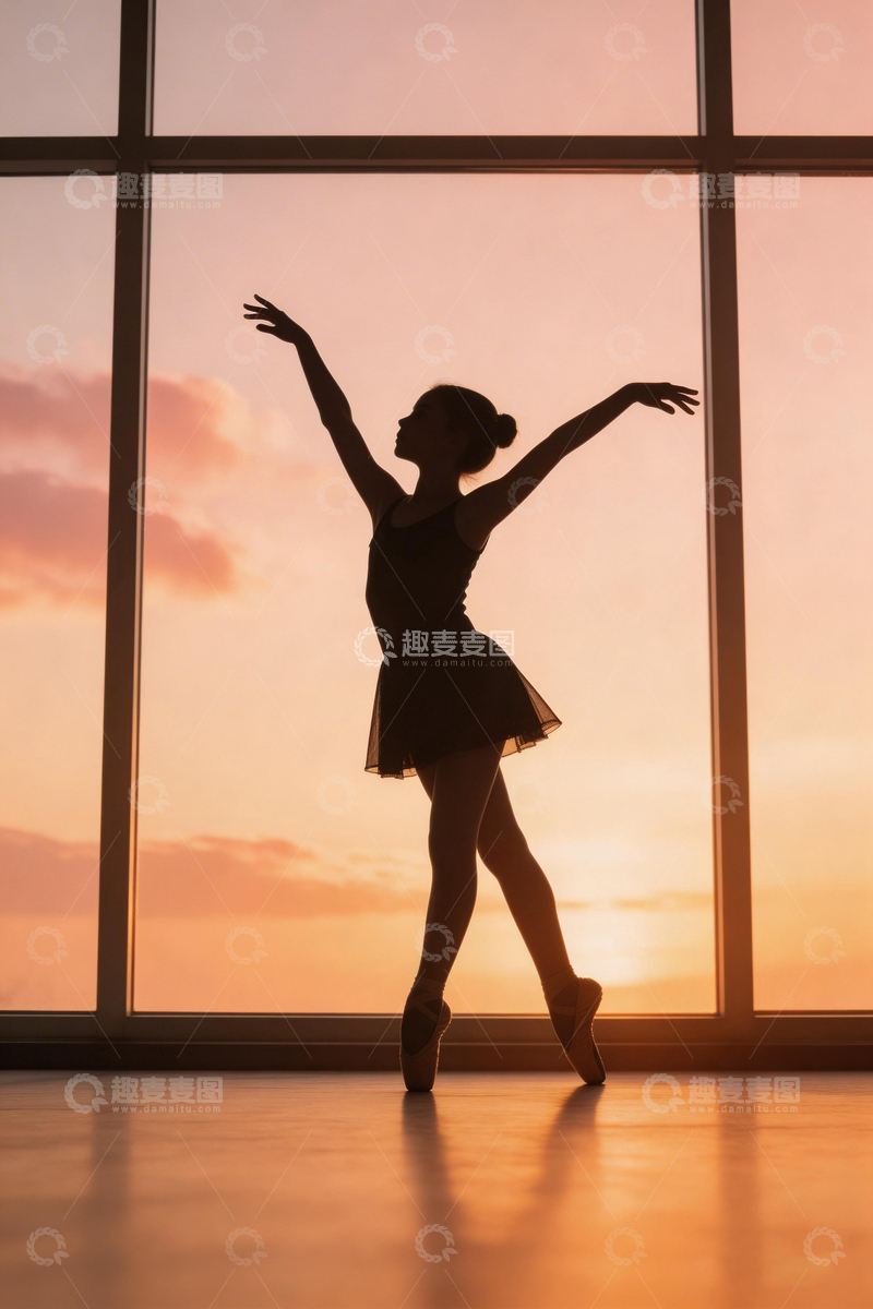 高清大图下载【趣麦麦图】芭蕾舞者剪影黄昏美景