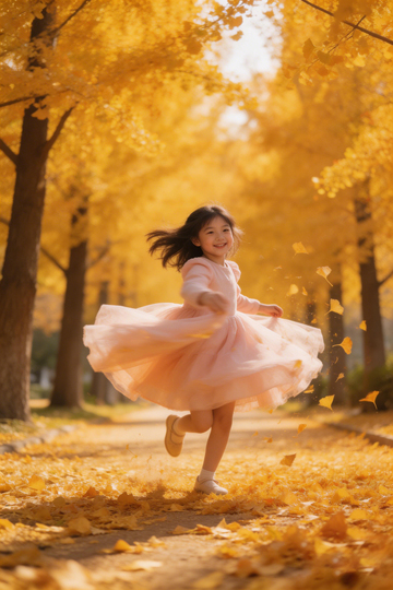 秋日银杏树下欢乐旋转小女孩
