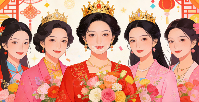 高清大图下载【趣麦麦图】中式庆典美女插画设计素材