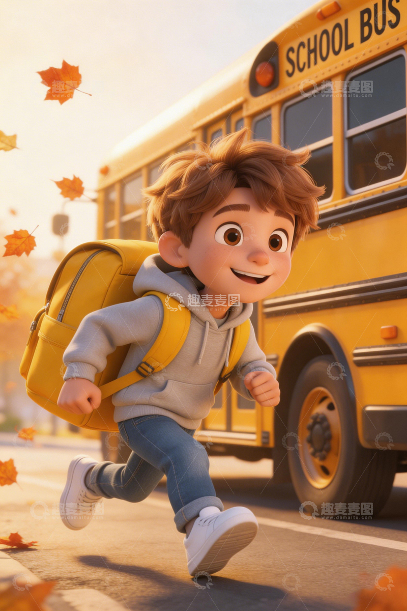 高清大图下载【趣麦麦图】卡通风上学男孩校车场景