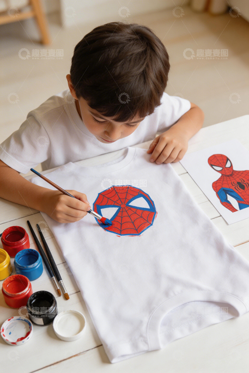 高清大图下载【趣麦麦图】儿童绘画蜘蛛侠T恤创意活动