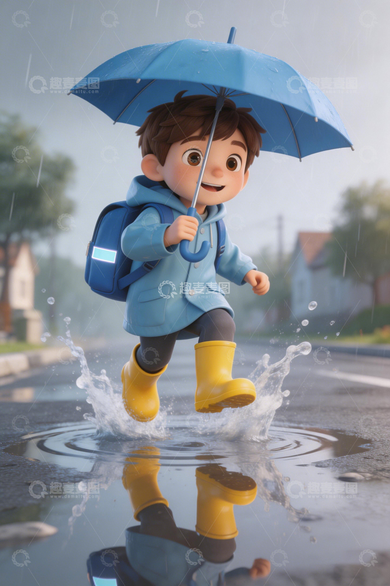 高清大图下载【趣麦麦图】雨中童趣卡通形象渲染图
