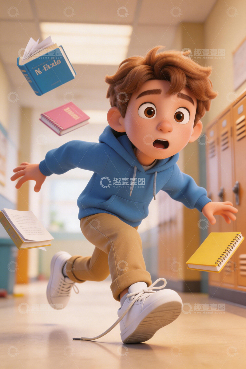 高清大图下载【趣麦麦图】卡通校园书飞舞男孩