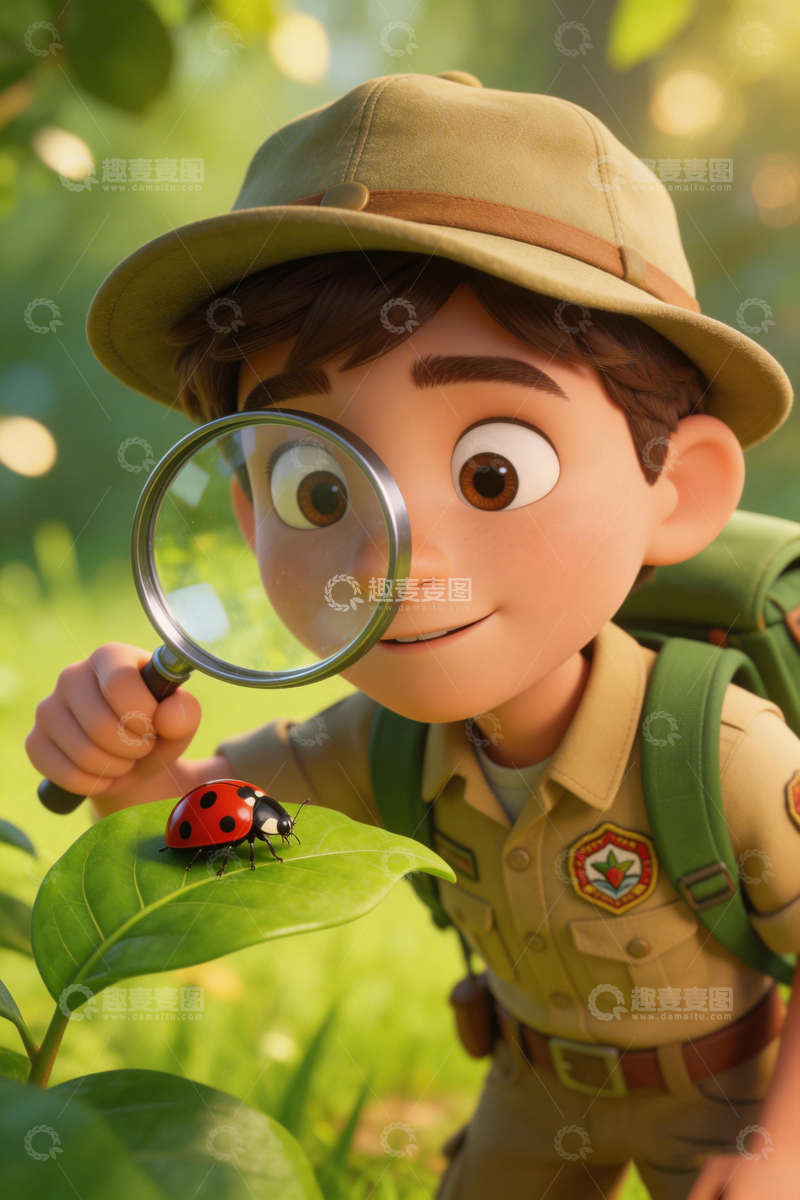 高清大图下载【趣麦麦图】卡通探险家观察瓢虫