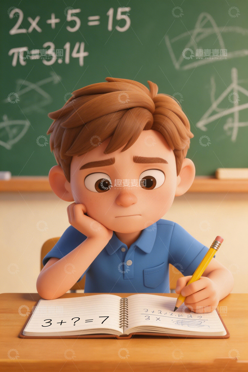 高清大图下载【趣麦麦图】卡通男孩数学题求解