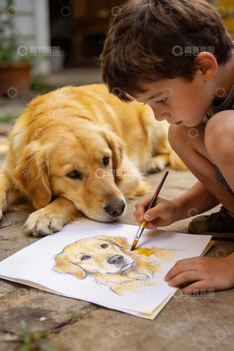 高清大图下载【趣麦麦图】儿童绘画金毛犬