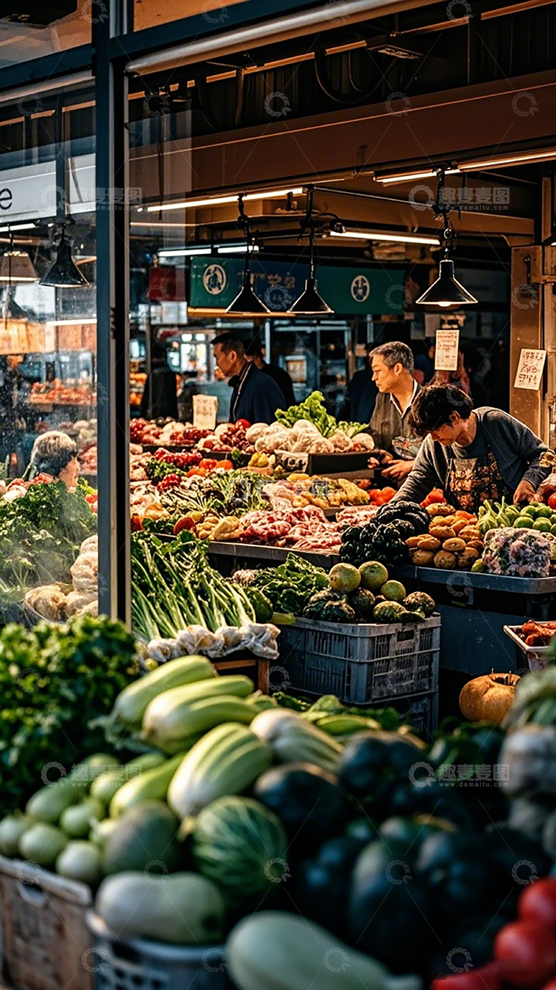 高清大图下载【趣麦麦图】市场蔬菜摊位的繁忙景象