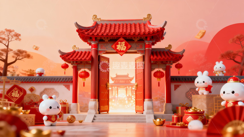 高清大图下载【趣麦麦图】喜庆春节卡通场景布置