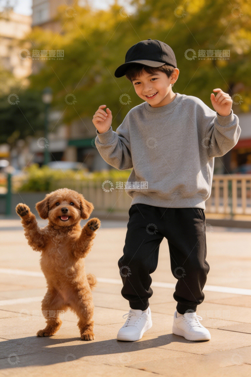 高清大图下载【趣麦麦图】户外欢乐男孩与狗玩耍