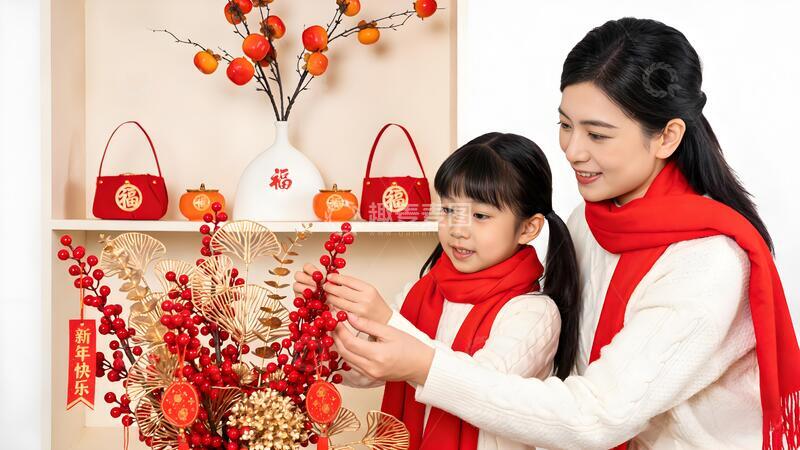 高清大图下载【趣麦麦图】春节亲子母女装饰喜庆氛围摄影人像