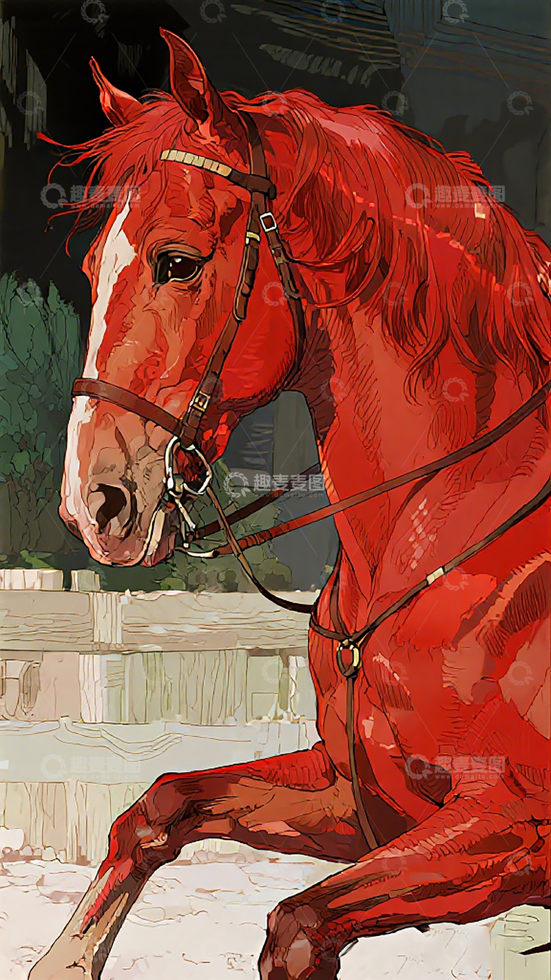 高清大图下载【趣麦麦图】红马插画艺术画作