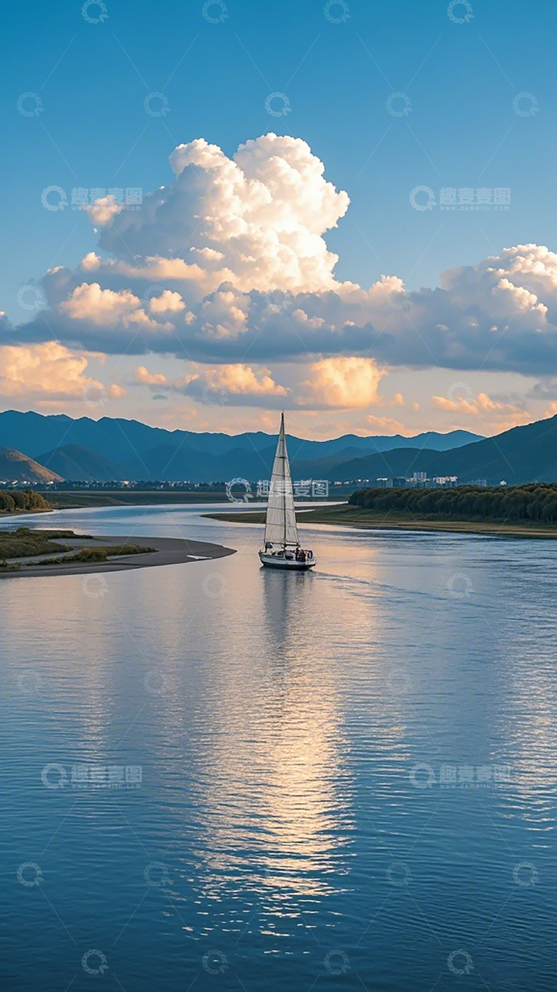 高清大图下载【趣麦麦图】宁静湖面帆船风景