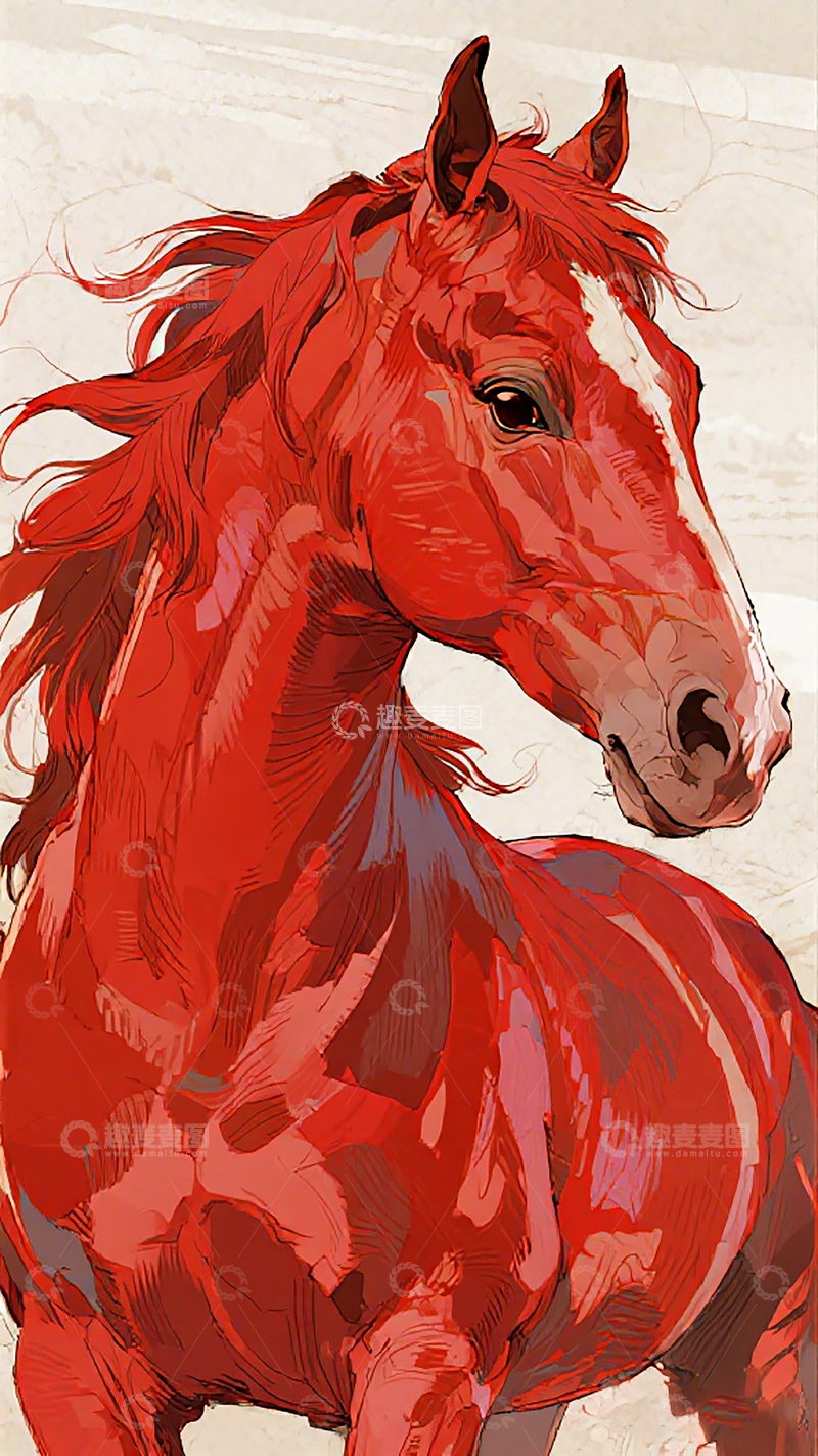 高清大图下载【趣麦麦图】红色骏马插画艺术作品