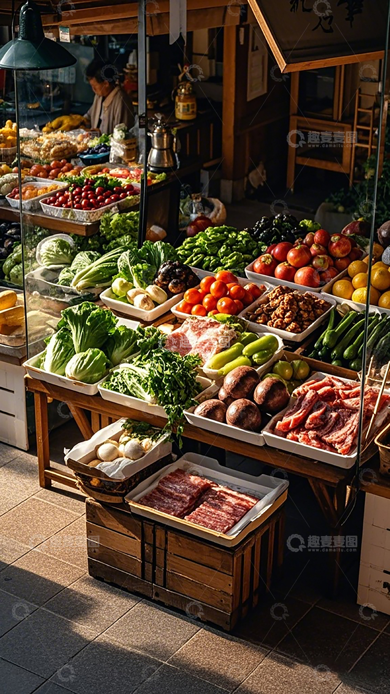 高清大图下载【趣麦麦图】市集蔬果肉类展示生活场景