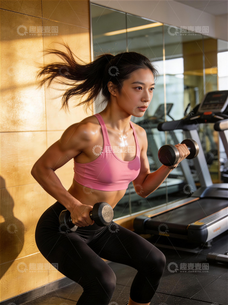 高清大图下载【趣麦麦图】健身女青年举哑铃训练照