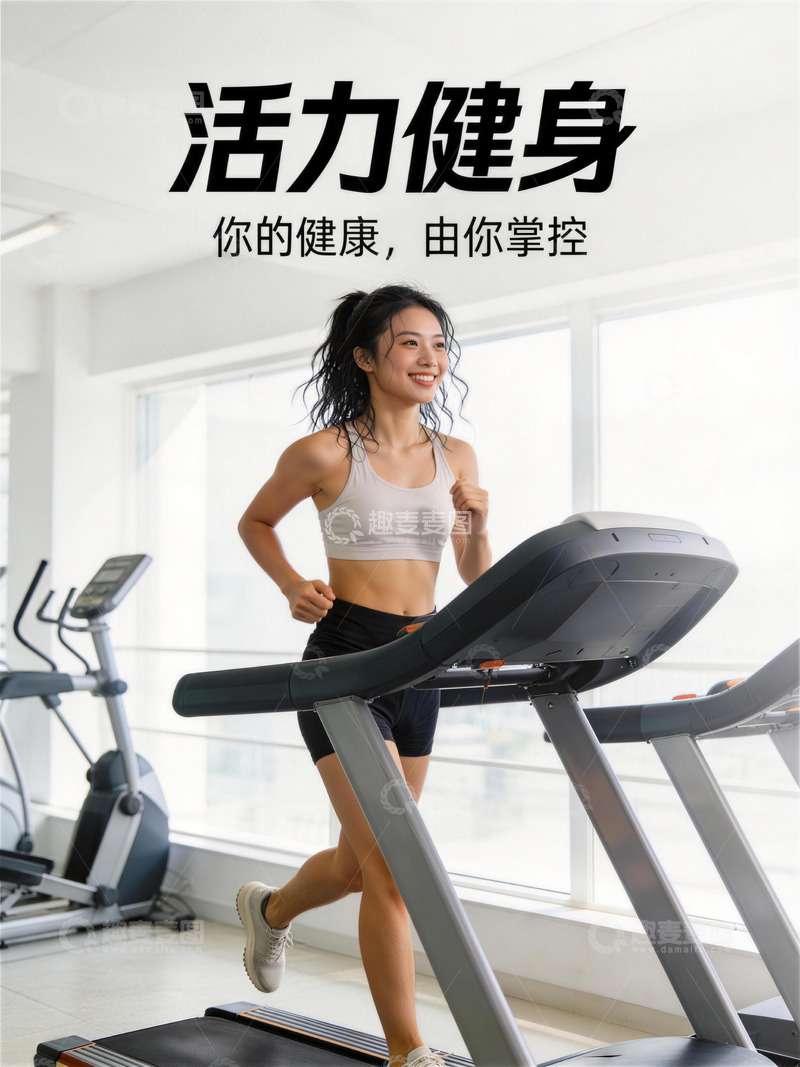 高清大图下载【趣麦麦图】活力健身女性跑步机锻炼