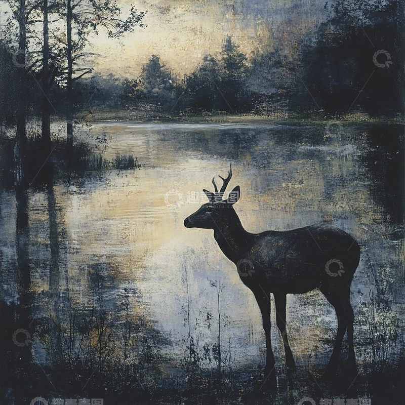 高清大图下载【趣麦麦图】静谧湖畔的孤鹿低语