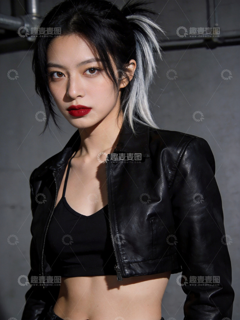 高清大图下载【趣麦麦图】时尚酷girl黑色皮衣造型