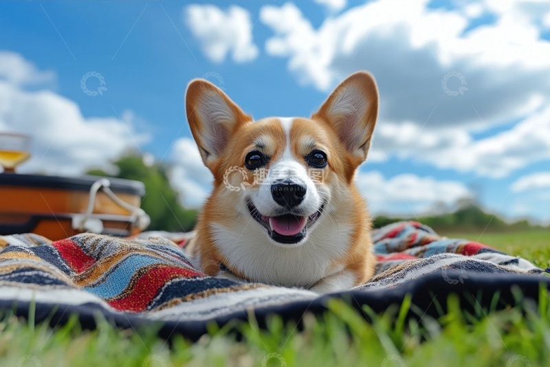 高清大图下载【趣麦麦图】趴在草地上的小柯基