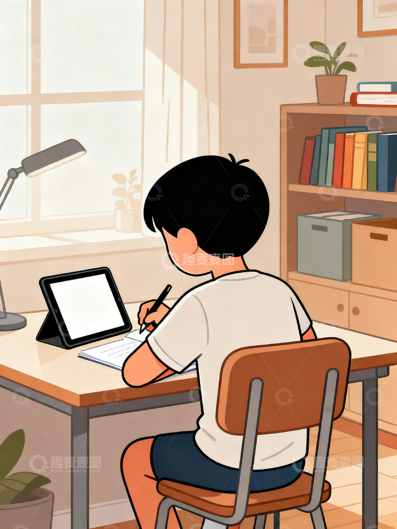 高清大图下载【趣麦麦图】扁平插画风格一个正在学习的小男孩3