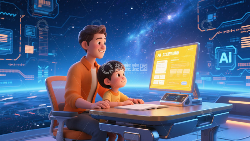 高清大图下载【趣麦麦图】3d风格一对亲子智能屏前学习2