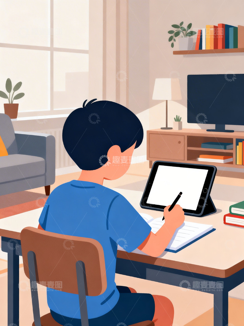 高清大图下载【趣麦麦图】扁平插画风格一个正在学习的小男孩2