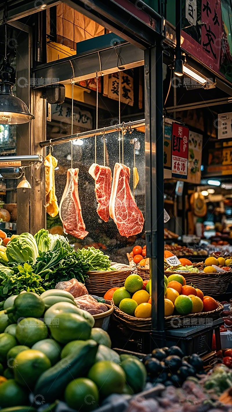 高清大图下载【趣麦麦图】传统市场鲜肉蔬菜水果摊