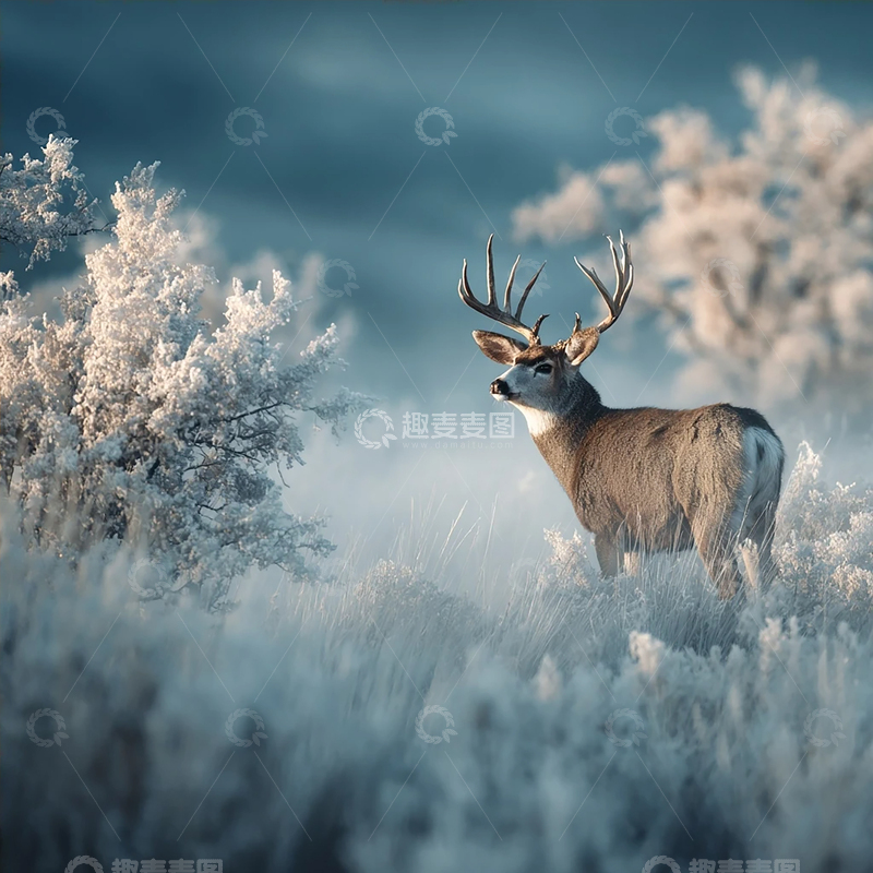 高清大图下载【趣麦麦图】冬日孤傲的鹿在雪原漫步